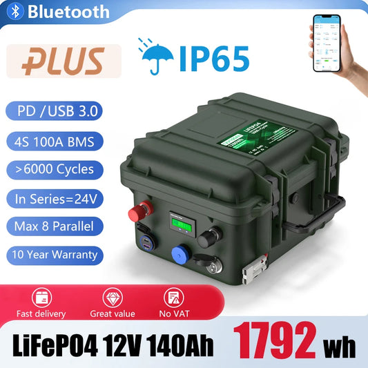 LiFePO4 Battery 12V 100Ah 200Ah 24V 140Ah Bluetooth BMS 12.8V /25.6V Solar Lithium Battery  6000+ Cycles PD USB 3.0-IP65 No Tax